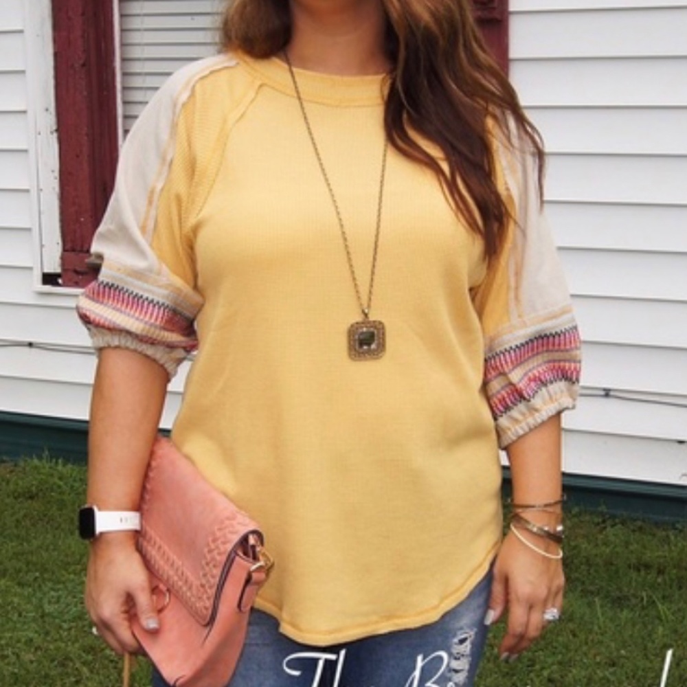 Easel Embroidered Sleeve Waffle Knit Ter